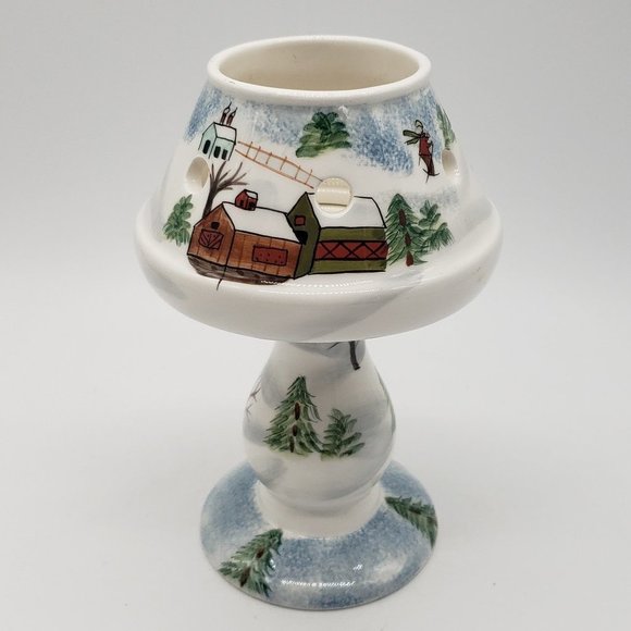 Elements Small Ceramic Spongeware Winter Skiing Trees Scene Tealight Candle Lamp - Picture 1 of 12